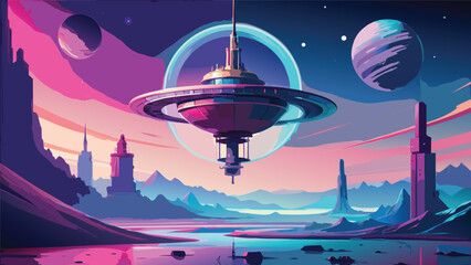 Cosmic space station orbiting alien world with saturn like planet futuristic landscape architecture universe exploration technology floating structure atmosphere mountains reflection © shachin