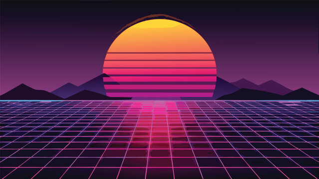 Retro 80s synthwave sunset digital landscape with synthwave retrowave landscape mountains vaporwave abstract illustration electronic perspective computer technology background