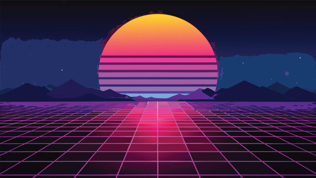 Retro synthwave landscape with glowing neon sunset and digital grid synthwave retrowave landscape futuristic vaporwave mountain electronic abstract perspective cyberpunk aesthetic colorful