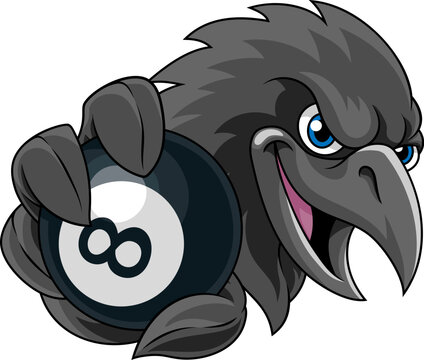 A crow, raven, rook or other black bird cartoon sports mascot holding a pool or billiards eight 8 ball.