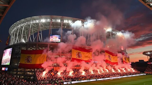 Fans light red flares during Spanish national team match at stadium
