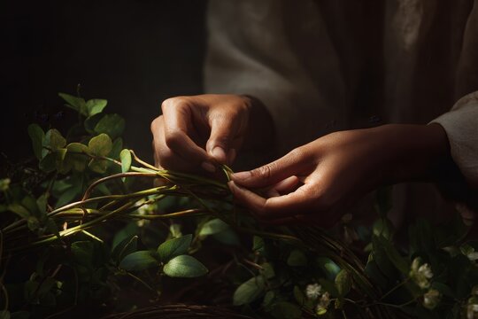 Hands braiding ayahuasca vine and leafy garland for ceremonial altar decoration and ritual workshop background