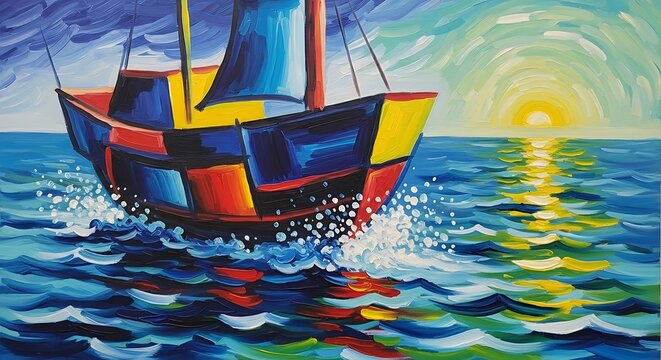 Vibrant colorful sailboat gliding through sparkling ocean waves at sunset.
