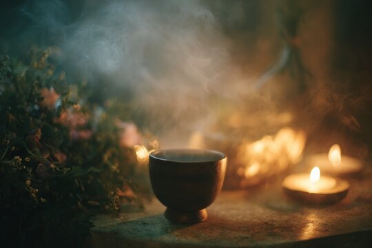 Steam rising from ceremonial cup with candles and herbs on stone altar for ritual setting and sacred plant ceremony banner