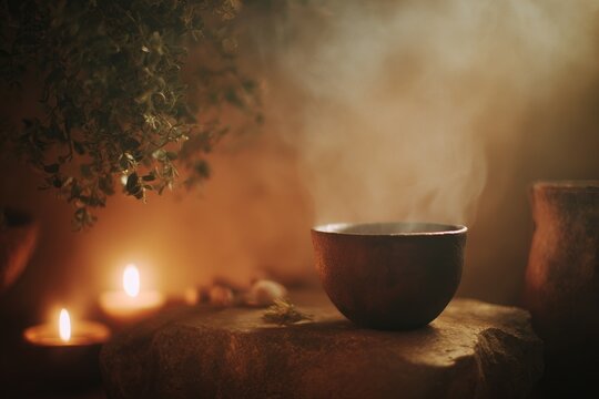 Steaming ceremonial cup on stone altar with candles and warm smoky atmosphere for ritual background and meditation setting