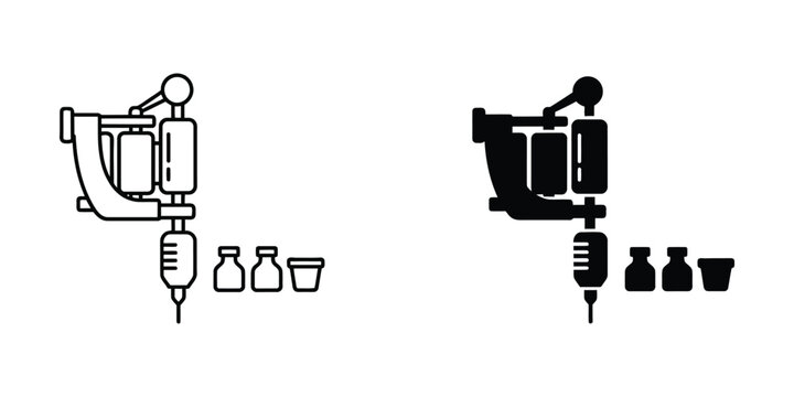 Tattoo machine with needles and ink bottles, vector illustration