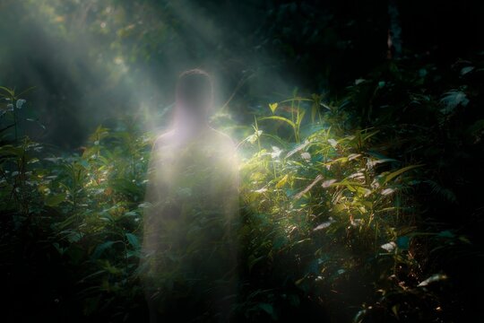 Ethereal spirit silhouette in glowing forest among plants for mystical nature poster or background with apparition mood