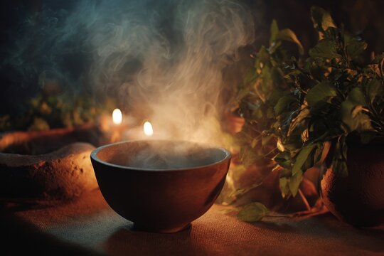 Steaming ayahuasca cup in ritual setting with candlelight and smoke for meditation background and wellness banner