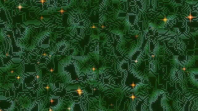 Abstract Pixelated Dark Green Pine Needle Background with Twinkling Golden Star Highlights for Festive Digital Texture Design