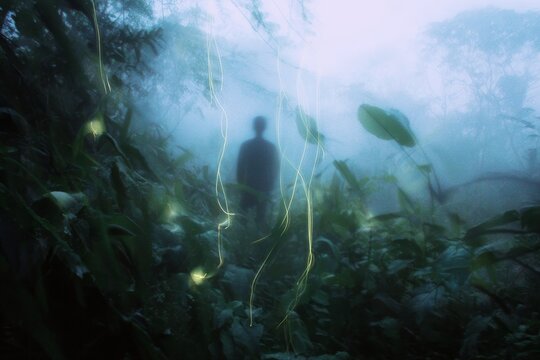 Twilight jungle scene with faint ethereal silhouette among plants for mystical sacred plant background and meditation wallpaper design