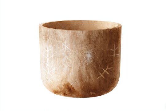 Wooden ayahuasca ritual cup with carved symbols on textured wood for ceremonial background and spiritual design