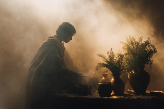 Shamanic ritual plant brew preparation with clay vessels and smoke for ritual background and spiritual banner design