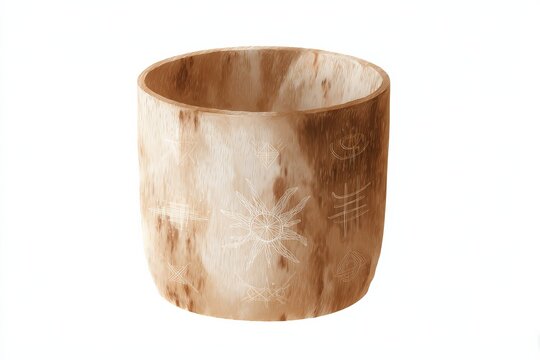 Handcrafted wooden ayahuasca ritual cup with carved symbols and natural wood texture for ceremonial design and ethnobotanical illustration