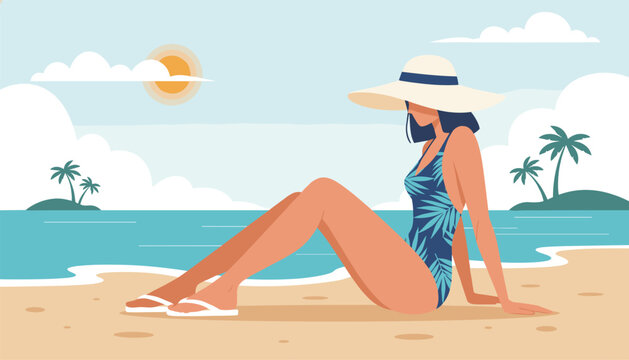 Fashionable woman wearing a palm leaf swimsuit and large sun hat relaxes on a sandy tropical beach during sunset.