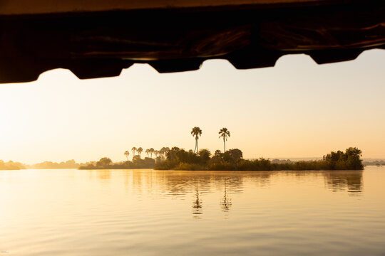 palm trees at sunrise on the Zambezi River, Zimbabwe, Africa