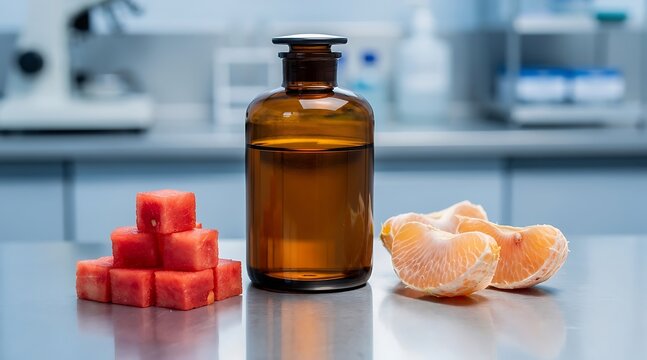 Amber Bottle with Watermelon Cubes and Orange Peels in a Laboratory Setting.