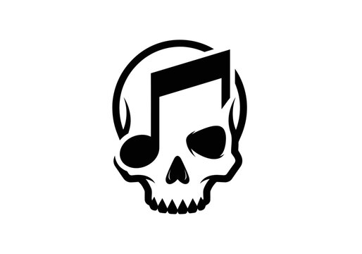 A black skull illustration with a musical note integrated into its design on a white background