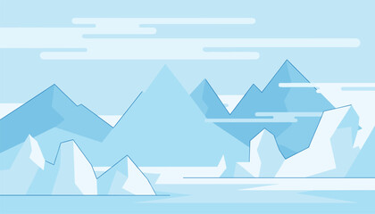 Flat design of a cold arctic landscape with icebergs floating on blue water under a cloudy sky with mountain peaks. © Esha