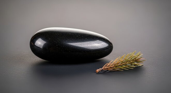 Smooth black stone and pine needle still life.