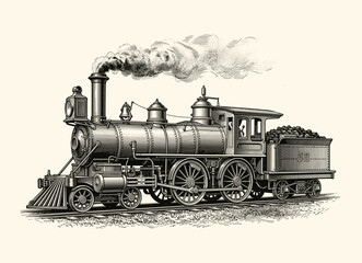 Vintage steam locomotive with smoke stack and coal tender, engraved illustration, railway transport and industrial © Otpirus