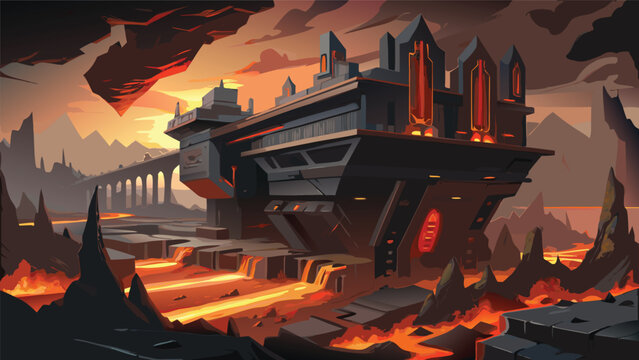 Futuristic industrial complex with glowing lava rivers in volcanic landscape sci fi industry industrial landscape dystopian structure geothermal hellscape futuristic eruption mountains