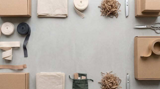 Flat lay composition of various packaging and shipping supplies arranged around a central empty space on a neutral background