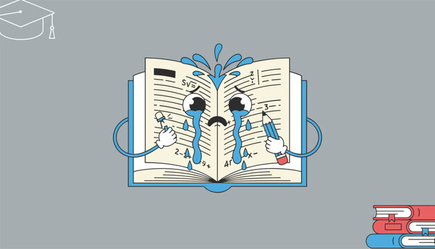 Crying open notebook cartoon character holding a pencil and erasing its pages with a grey background and graduates cap.