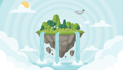 Floating fantasy island covered with green trees and three large waterfalls flowing down into clouds with airship. © Esha