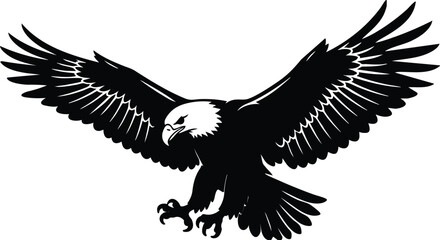 Fototapeta premium Majestic Bald Eagle Silhouette Vector with Spread Wings – Powerful Bird of Prey Black Icon Isolated on White Background