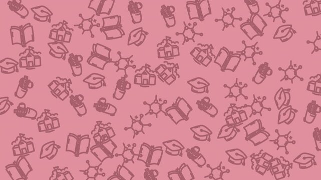 Pink background with educationthemed patterns is perfect for schoolrelated designs. Books, graduation caps, and scientific icons are all included. 