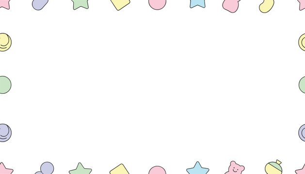 Colorful frame border composed of cute pastel colored marshmallow candies in various shapes on a plain white background.