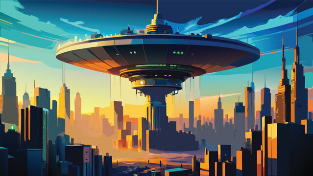 Futuristic flying saucer hovering over a sunset cityscape with sci fi cityscape futuristic spaceship metropolis technology architecture hovering dystopian illustration buildings creative