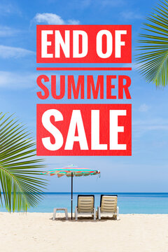 End of summer sale with beach chairs on tropical beach background, summer season promotion poster idea