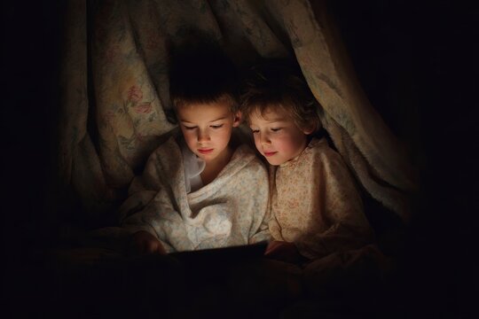 Brother and sister reading together under a blanket fort in pajamas with warm glow for bedtime story background and family cozy scene