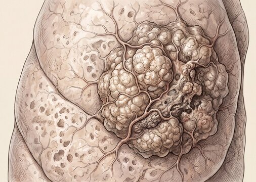 Medical illustration of a large lobulated tumor with complex vascularization on a human organ
