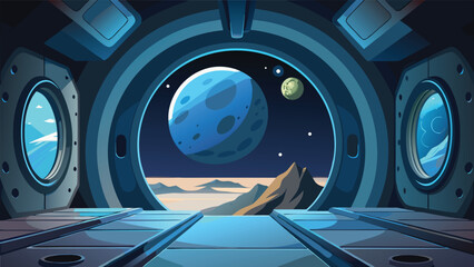 View of outer space from spaceship porthole window with spaceship universe exploration porthole interior astronomy technology futuristic observatory landscape mysterious discovery metallic © shachin