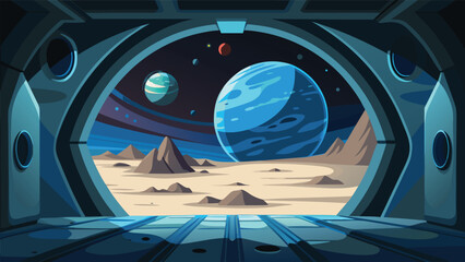View of alien planet surface through spaceship observation deck with spaceship landscape exploration universe interior astronomy technology futuristic observatory mysterious discovery © shachin