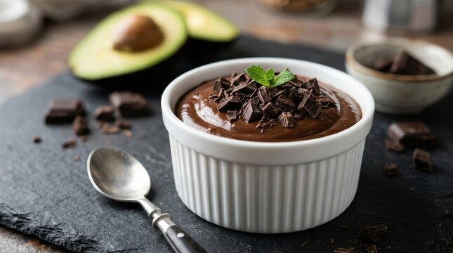 Rich dark chocolate avocado mousse topped with fresh mint and dark chocolate shavings in a white ramekin with a spoon.