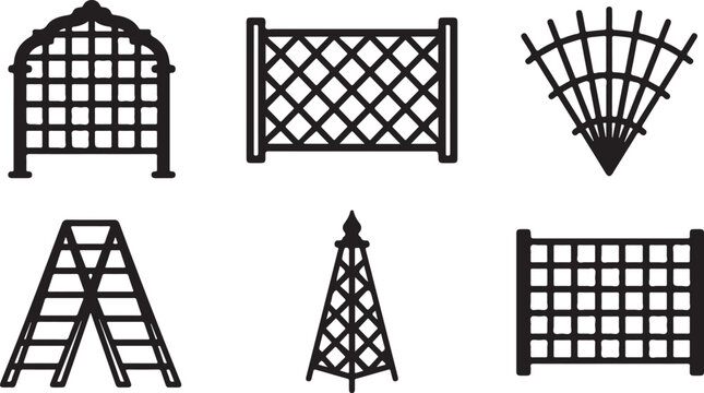 Assorted wooden lattice fence and trellis designs in black and white vector style Vector