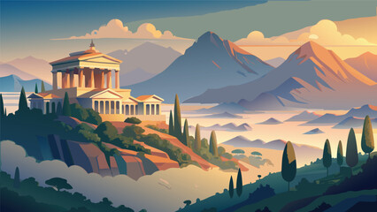 Obraz premium Ancient greek temple perched on a hilltop above clouds at sunset with architecture mountains landscape historical civilization heritage mythology landmark mediterranean building structure