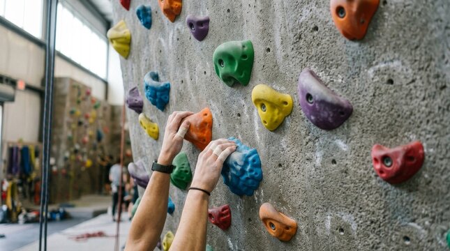 Close up of rock climber hands reaching for colorful holds on indoor gym wall.