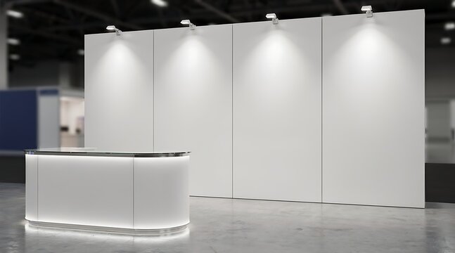 Modern exhibition booth with illuminated reception desk and bright spotlights.