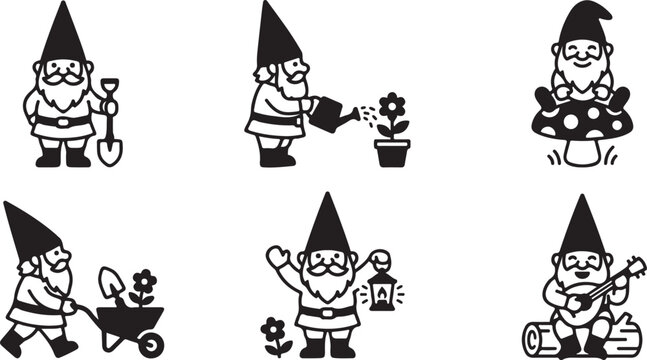 Six gnome characters performing different garden and musical activities Vector