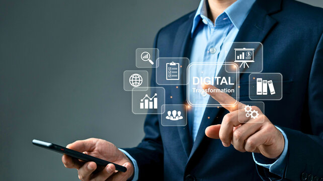 Businessman using smartphone with virtual screen showing digital transformation concept