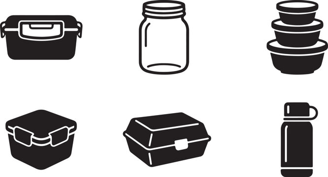 Six black food storage containers and jars for packing meals Vector