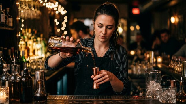 Female bartender pouring alcohol into a jigger at a busy dark bar.