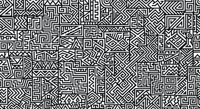 Tribal geometric seamless pattern, black and white aztec ornament background, ethnic maze line art vector illustration, traditional folk textile design