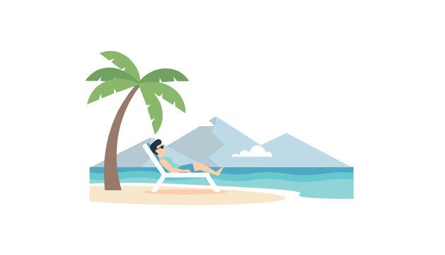 Man relaxes on a white beach chair under a green palm tree on a tropical shore with mountains in the background.