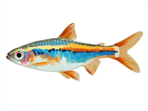 Colorful Neon Tetra Freshwater Tropical Fish Isolated On White Background With Vibrant Pigmentation