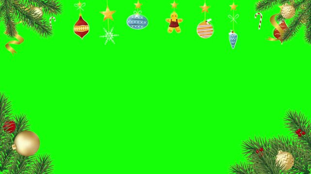 Christmas decorations frame the edges of a green screen background for holiday project overlays.